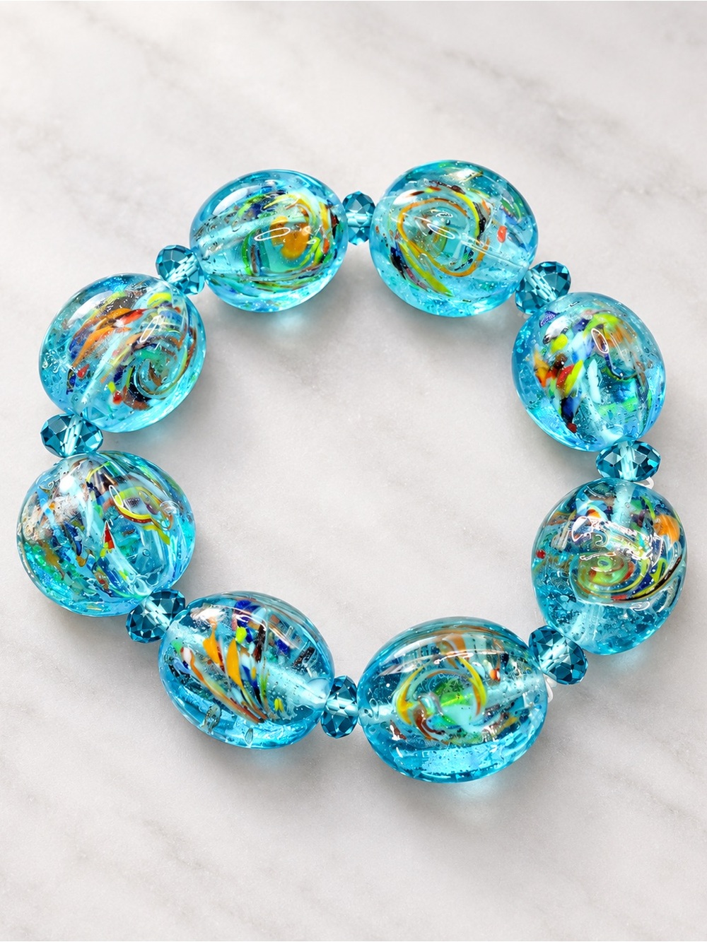 ART GLASS CHUNKY STRETCH BRACELET OCEAN BLUE WITH SWIRLS OF COLOR
